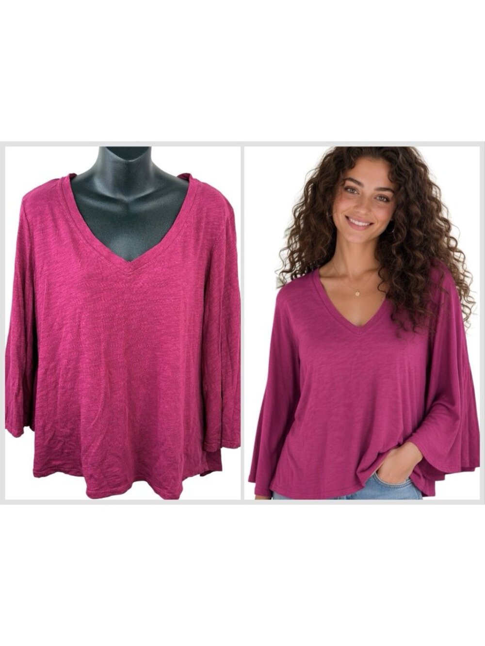 Whimsi Goth Long Flare Sleeves Anthropologie V-Neck Cotton Fuchsia Top Women XL